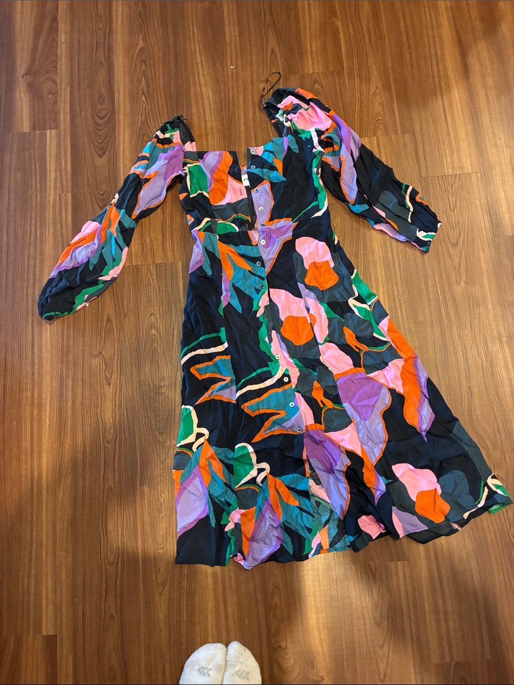 Abstract Floral Button-Front Midi Dress in Black and Multicolor